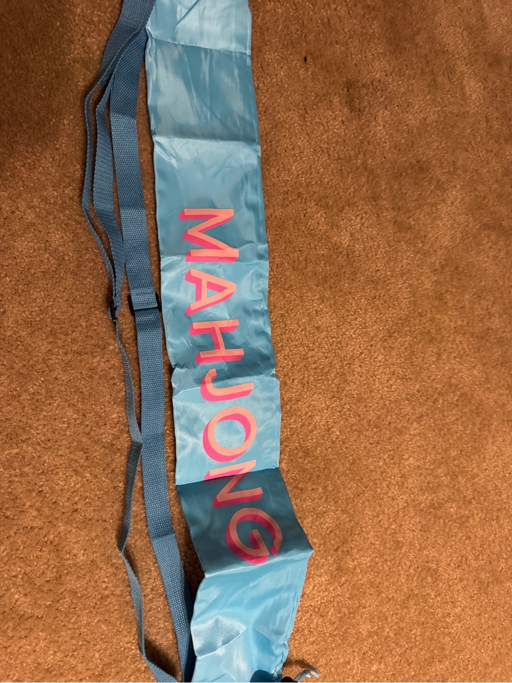 Blue Mahjong Carry Bag with Pink Lettering